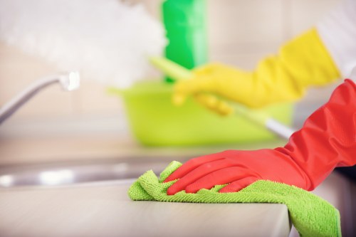 Carpet cleaning technician assessing a room for safety risks